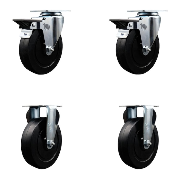 Service Caster 5'' Soft Rubber Wheel Swivel Top Plate Caster Set with 2 Posi Brakes 2 Rigid, 4PK SCC-20S514-SRS-PLB-2-R-2 - main